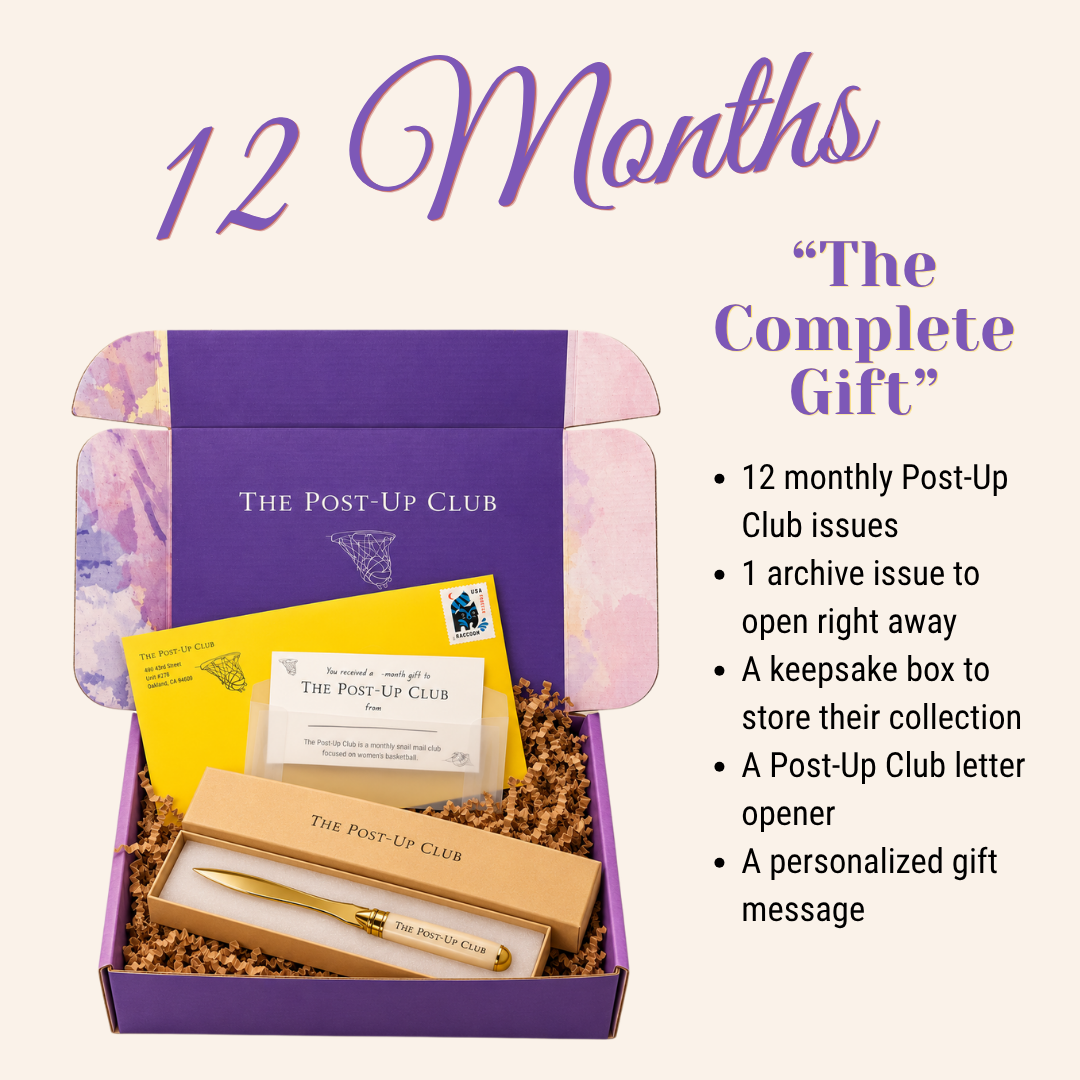 A promotional graphic for The Post-Up Club showing an open purple keepsake box filled with stationery items, including a yellow letter, a wooden letter opener, and a letter opener box. Large text reads '12 MONTHS' and 'THE COMPLETE GIFT,' with bullet points describing the 12 monthly issues and included keepsake box and letter opener.