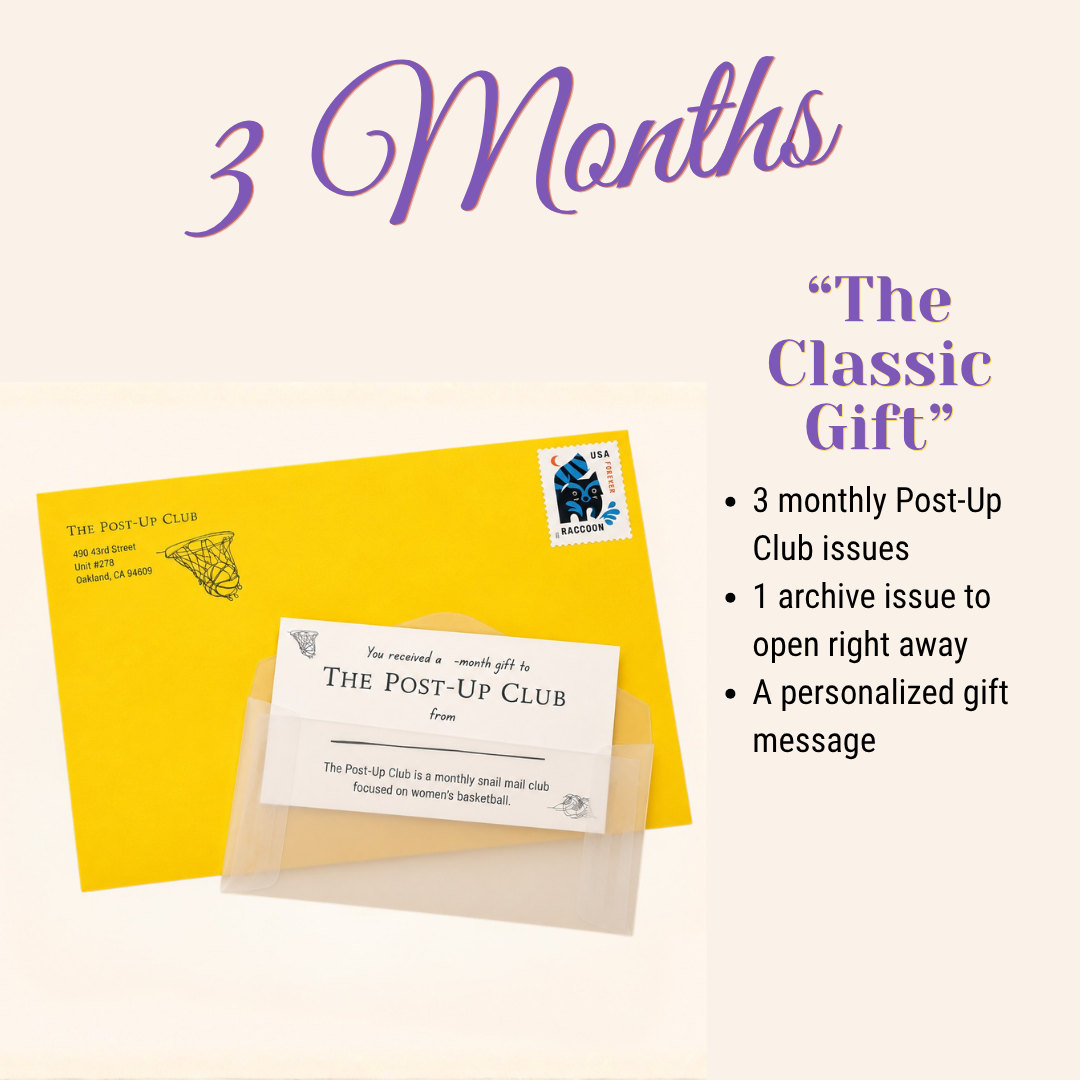 Promotional graphic for The Post-Up Club showing a yellow envelope with a white card inside, plus text reading '3 MONTHS' and 'THE CLASSIC GIFT' on a light beige background.